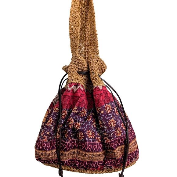 Woven Straw Boho Tote Shoulder Cinch Bag Drawstring Closure Geometric Pattern - Picture 2 of 14